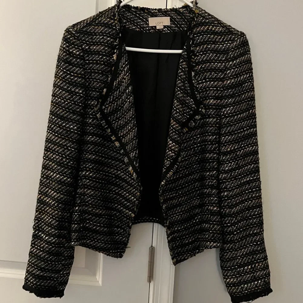 LOFT Tweed Multi Color Fringe Trim Lined Blazer Jacket - size 4 - Picture 2 of 3